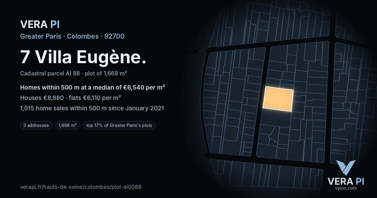 7 Villa Eugène, Colombes at night – the plot lit, the parcels around coloured by the prices near them