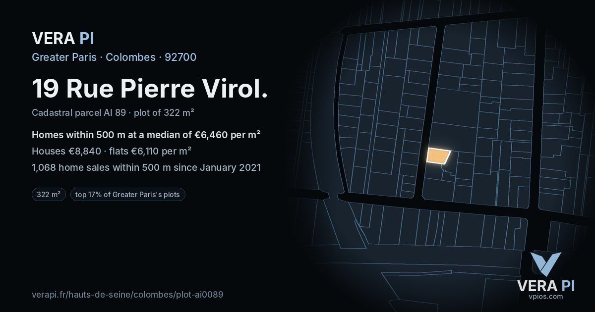 19 Rue Pierre Virol, Colombes at night – the plot lit, the parcels around coloured by the prices near them