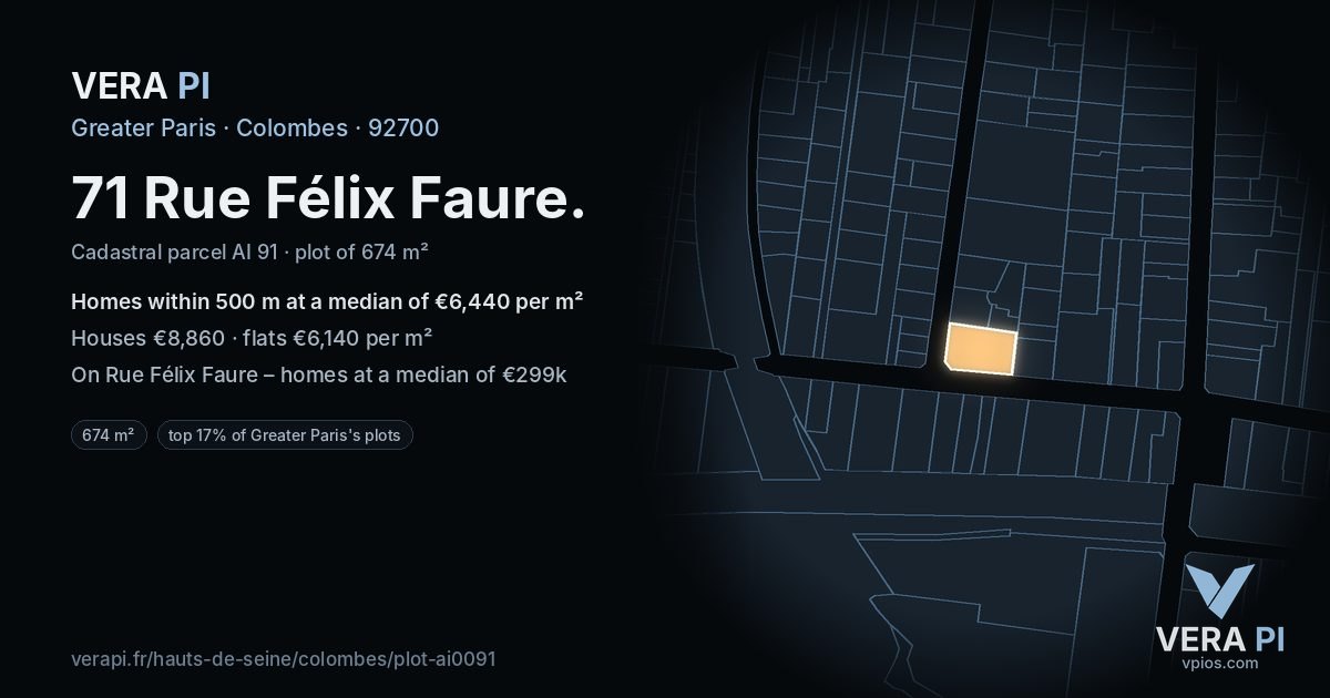 71 Rue Félix Faure, Colombes at night – the plot lit, the parcels around coloured by the prices near them