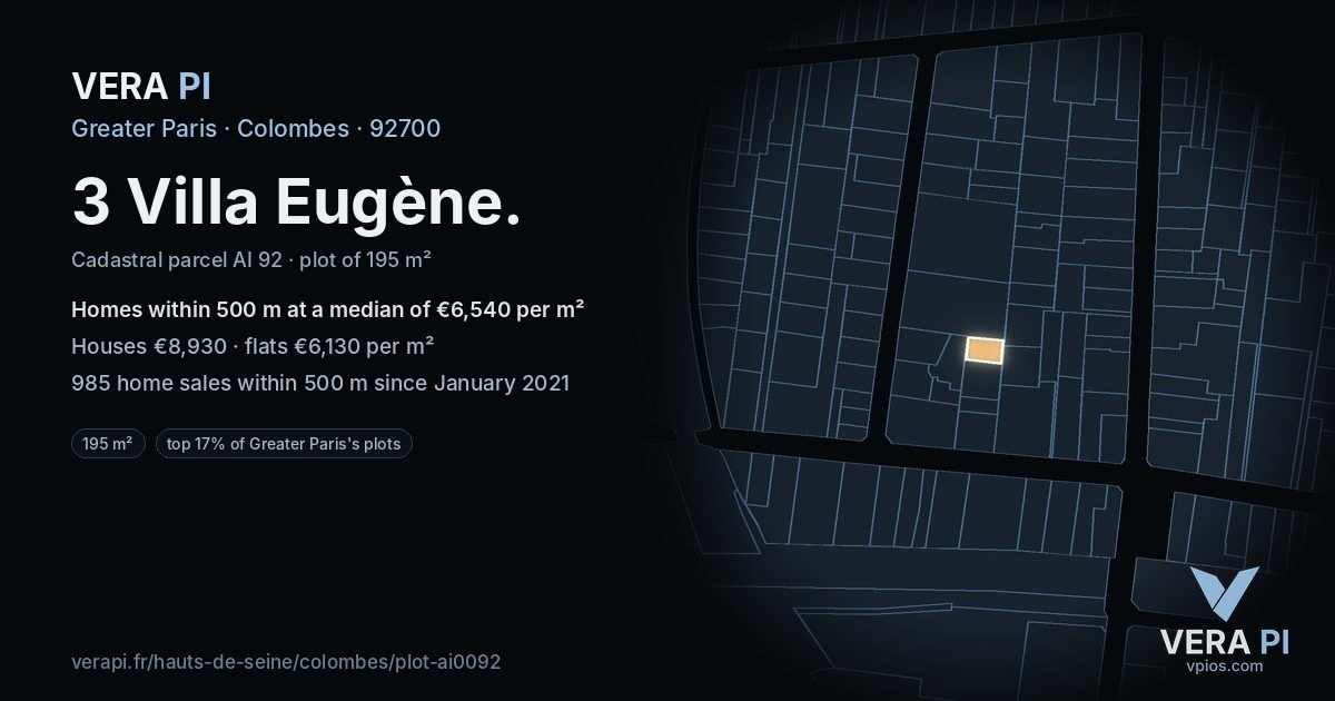 3 Villa Eugène, Colombes at night – the plot lit, the parcels around coloured by the prices near them