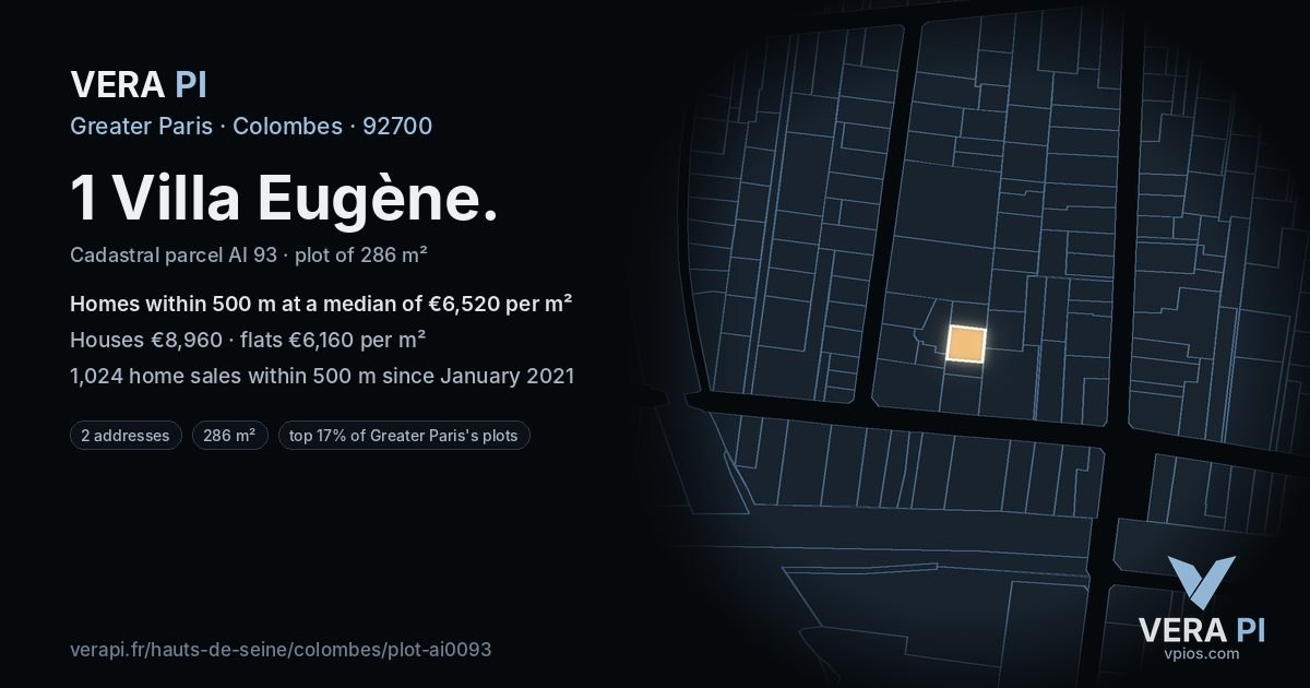 1 Villa Eugène, Colombes at night – the plot lit, the parcels around coloured by the prices near them