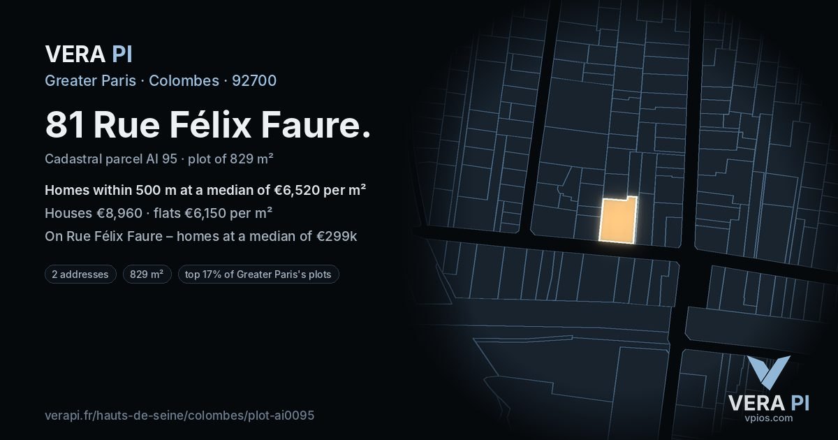 81 Rue Félix Faure, Colombes at night – the plot lit, the parcels around coloured by the prices near them