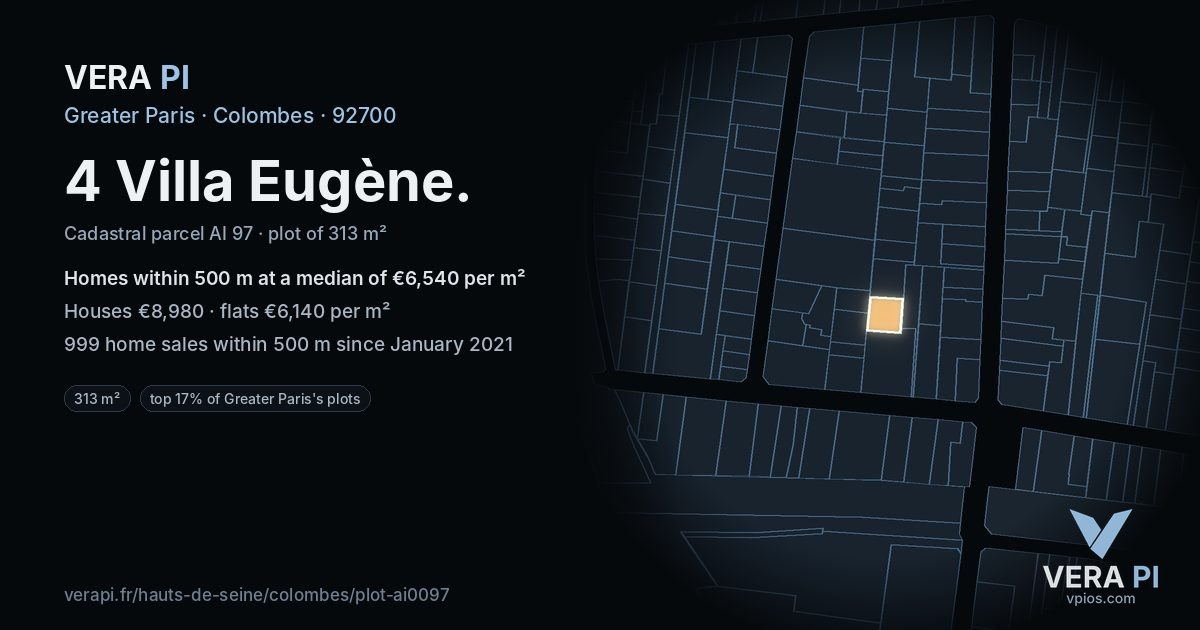 4 Villa Eugène, Colombes at night – the plot lit, the parcels around coloured by the prices near them