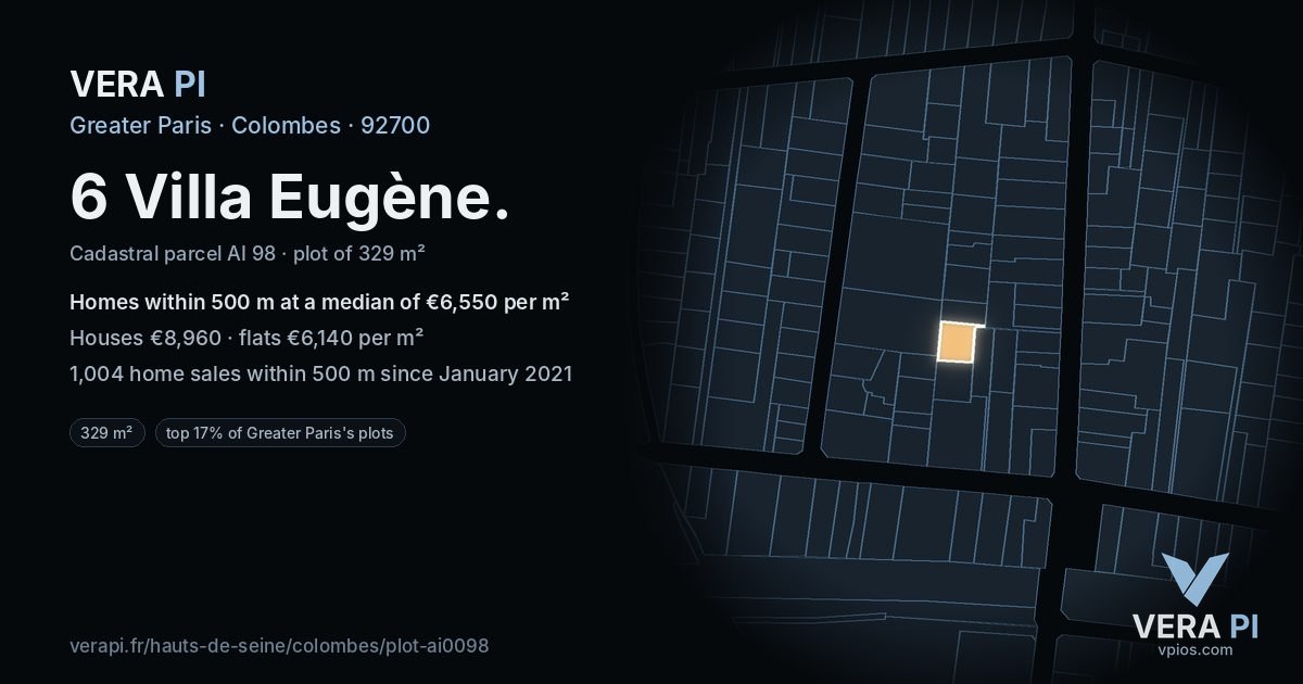 6 Villa Eugène, Colombes at night – the plot lit, the parcels around coloured by the prices near them