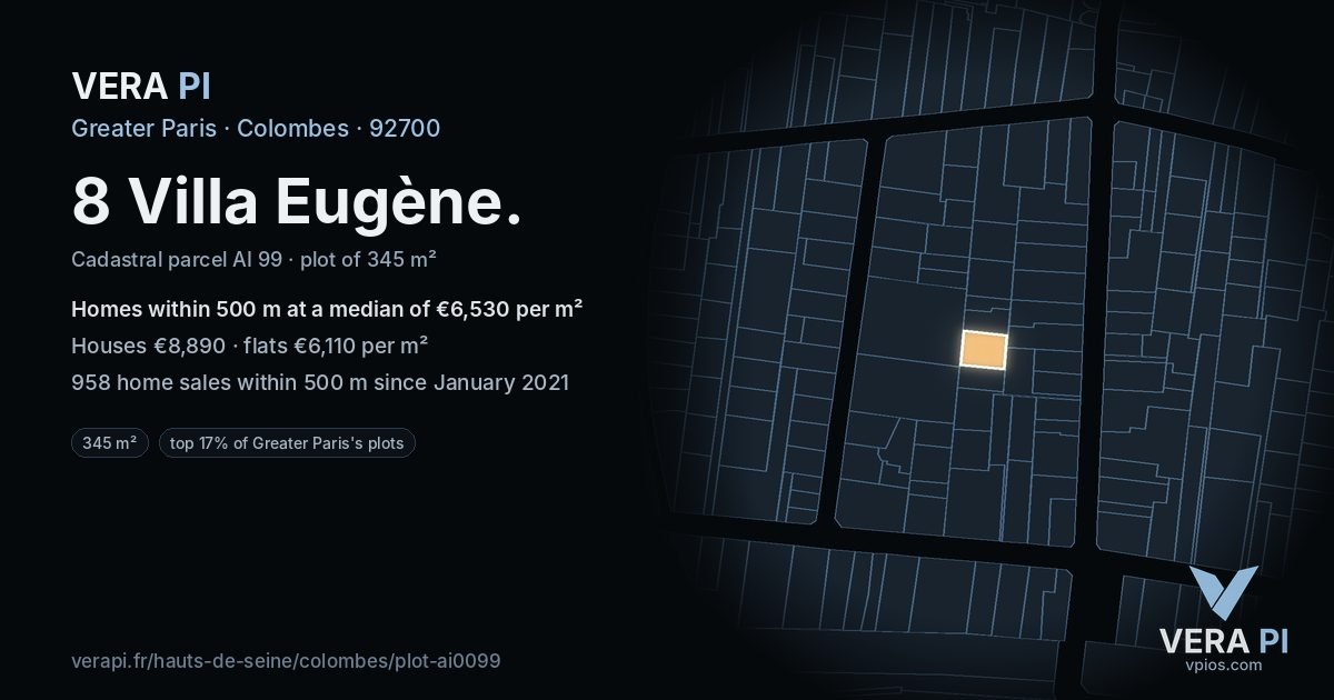 8 Villa Eugène, Colombes at night – the plot lit, the parcels around coloured by the prices near them