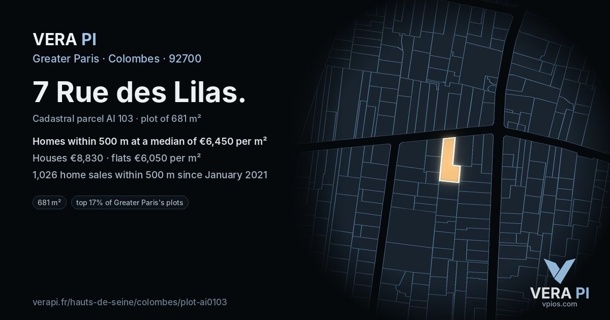 7 Rue des Lilas, Colombes at night – the plot lit, the parcels around coloured by the prices near them