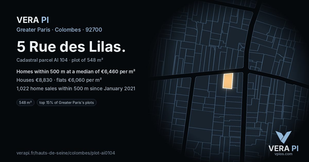 5 Rue des Lilas, Colombes at night – the plot lit, the parcels around coloured by the prices near them