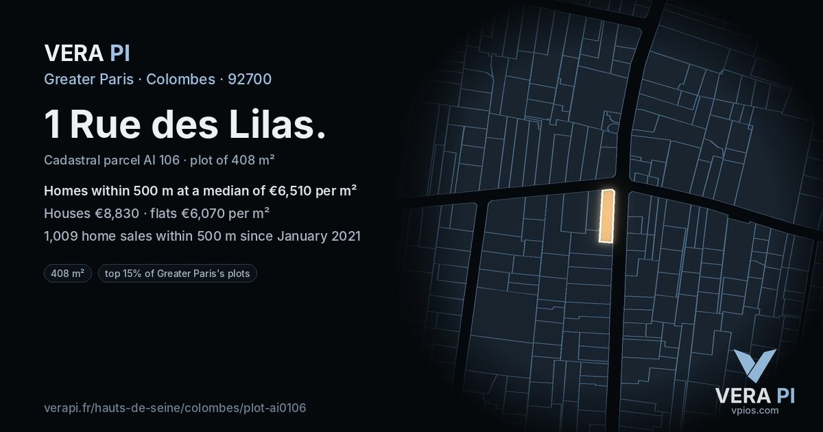 1 Rue des Lilas, Colombes at night – the plot lit, the parcels around coloured by the prices near them
