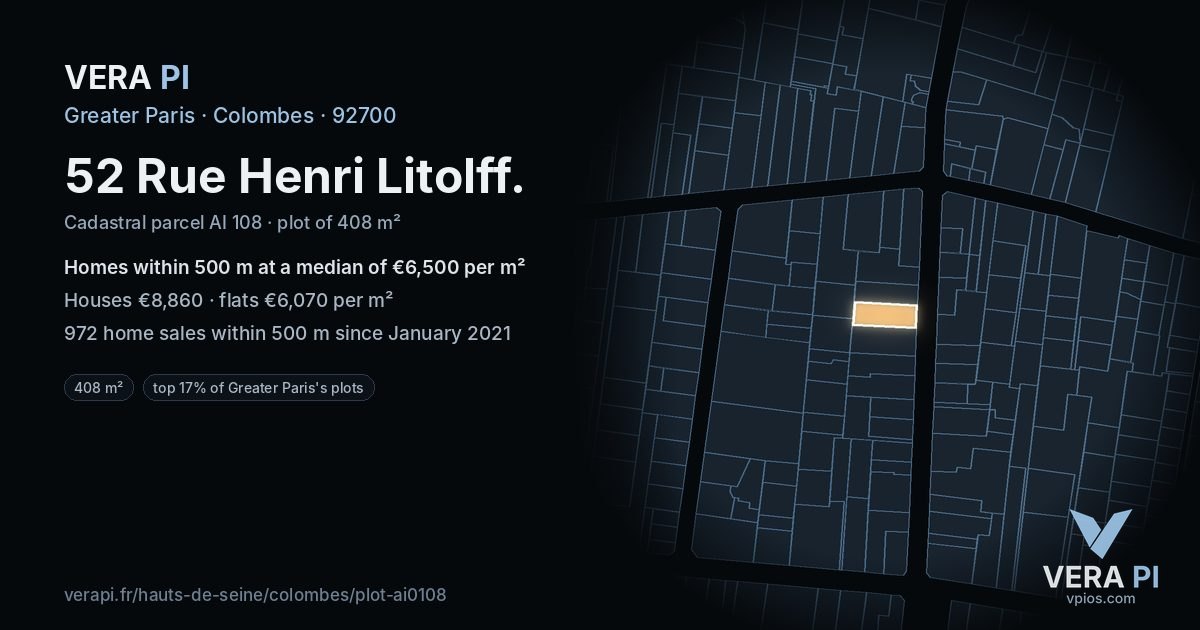 52 Rue Henri Litolff, Colombes at night – the plot lit, the parcels around coloured by the prices near them