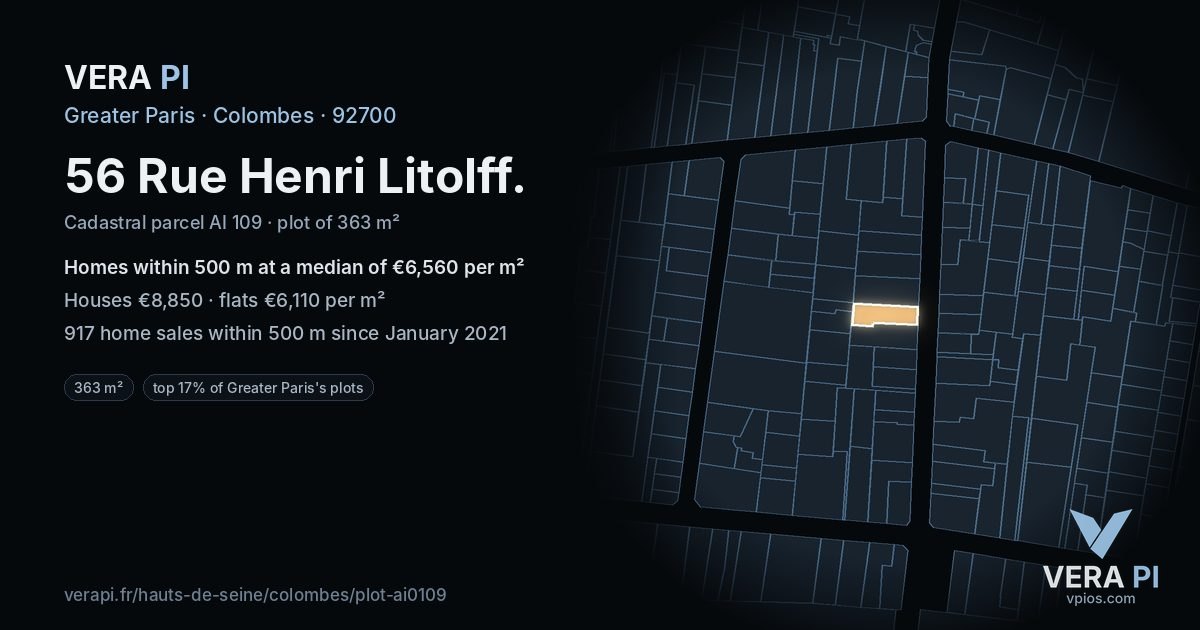 56 Rue Henri Litolff, Colombes at night – the plot lit, the parcels around coloured by the prices near them