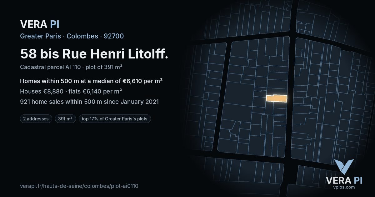 58 bis Rue Henri Litolff, Colombes at night – the plot lit, the parcels around coloured by the prices near them
