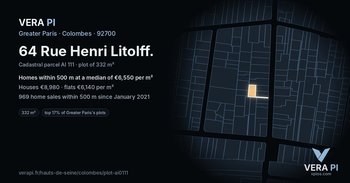 64 Rue Henri Litolff, Colombes at night – the plot lit, the parcels around coloured by the prices near them
