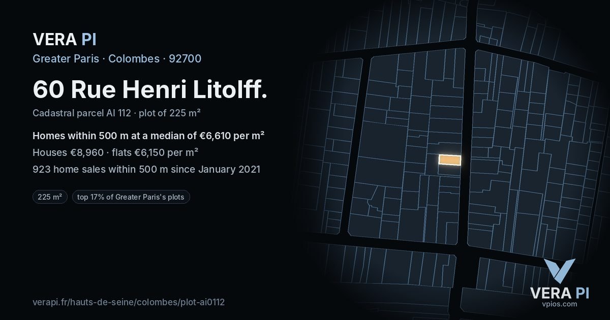 60 Rue Henri Litolff, Colombes at night – the plot lit, the parcels around coloured by the prices near them