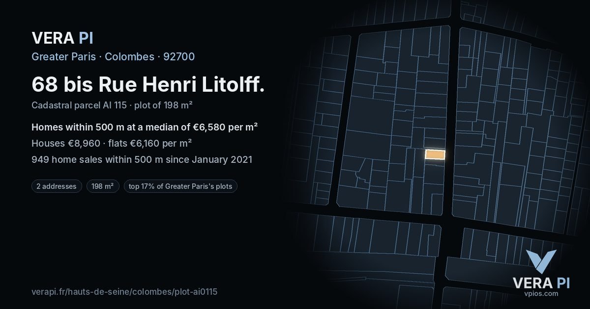 68 bis Rue Henri Litolff, Colombes at night – the plot lit, the parcels around coloured by the prices near them