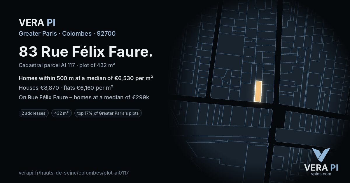 83 Rue Félix Faure, Colombes at night – the plot lit, the parcels around coloured by the prices near them