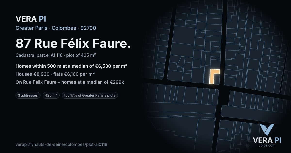 87 Rue Félix Faure, Colombes at night – the plot lit, the parcels around coloured by the prices near them