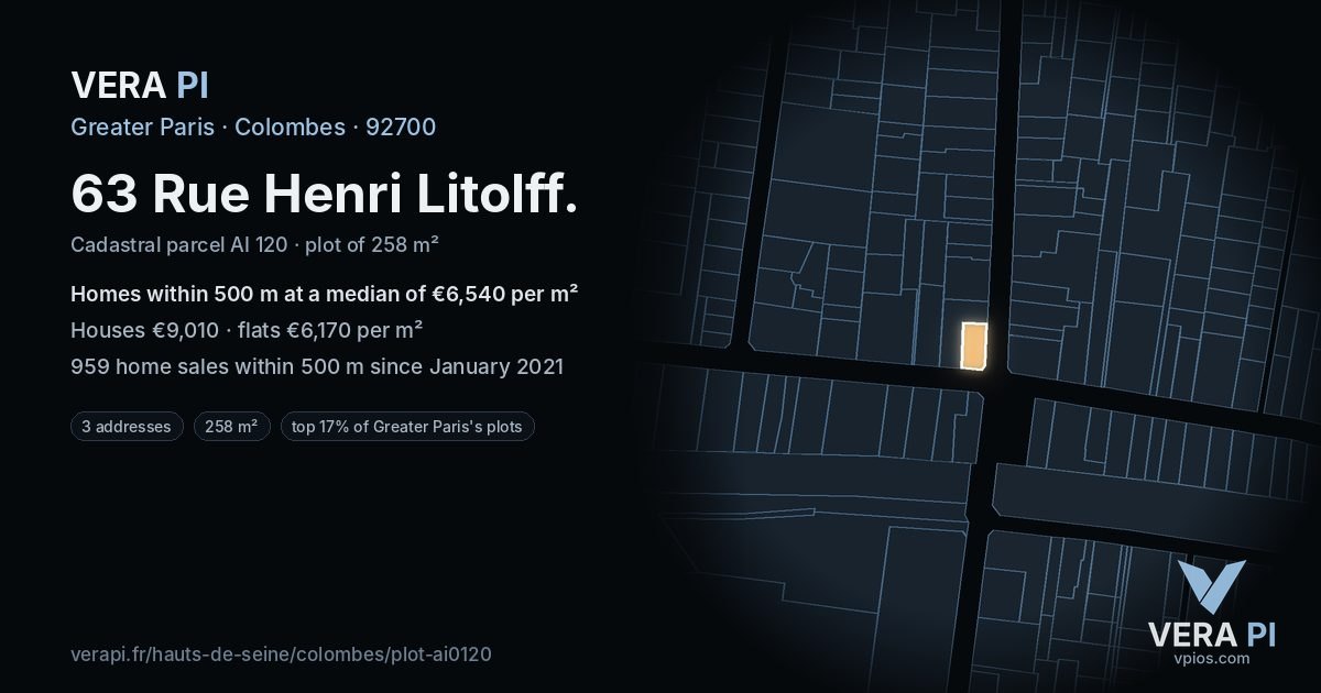 63 Rue Henri Litolff, Colombes at night – the plot lit, the parcels around coloured by the prices near them