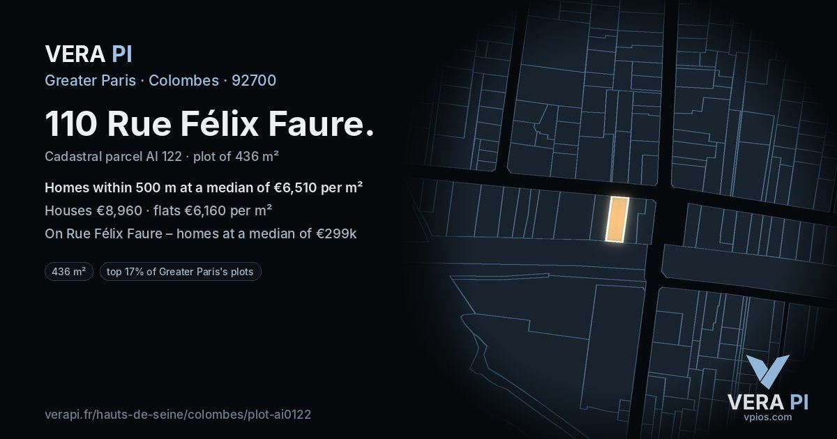 110 Rue Félix Faure, Colombes at night – the plot lit, the parcels around coloured by the prices near them