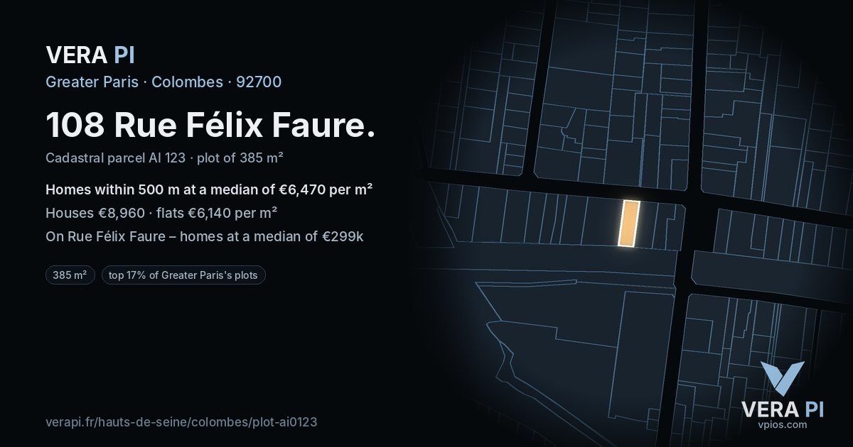 108 Rue Félix Faure, Colombes at night – the plot lit, the parcels around coloured by the prices near them