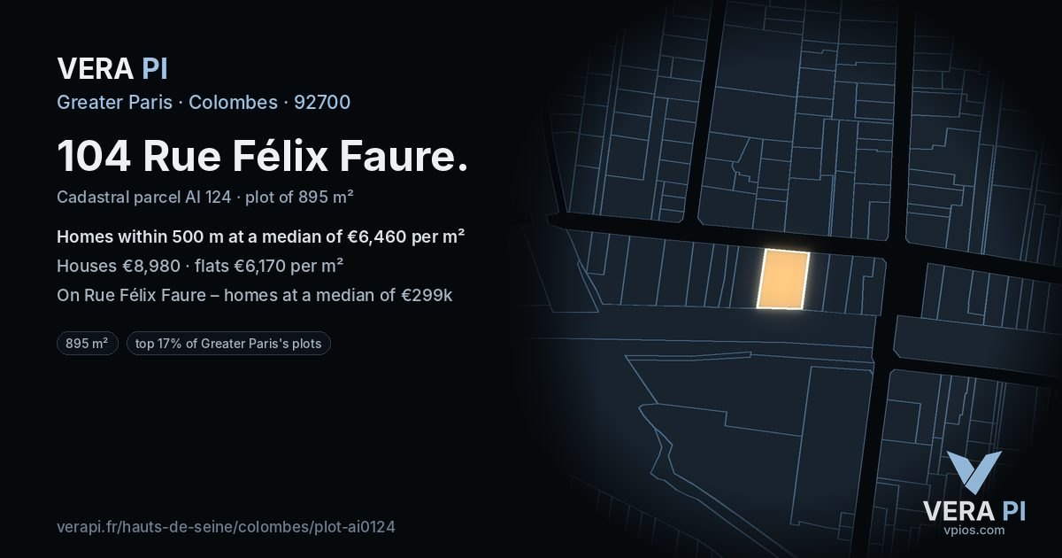 104 Rue Félix Faure, Colombes at night – the plot lit, the parcels around coloured by the prices near them