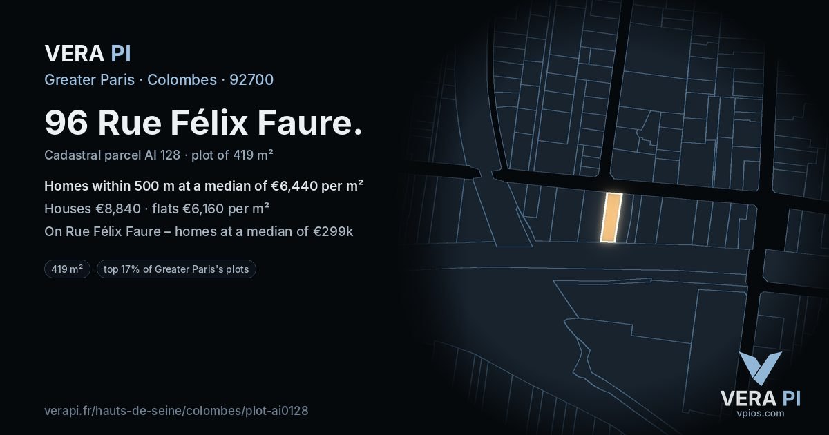 96 Rue Félix Faure, Colombes at night – the plot lit, the parcels around coloured by the prices near them