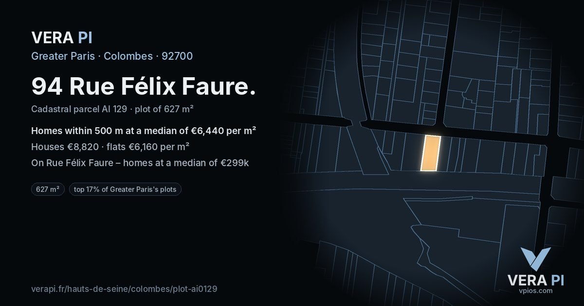 94 Rue Félix Faure, Colombes at night – the plot lit, the parcels around coloured by the prices near them