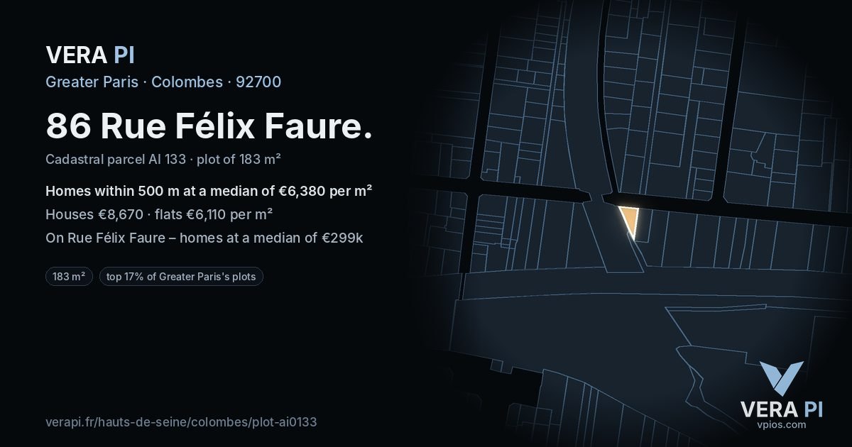 86 Rue Félix Faure, Colombes at night – the plot lit, the parcels around coloured by the prices near them