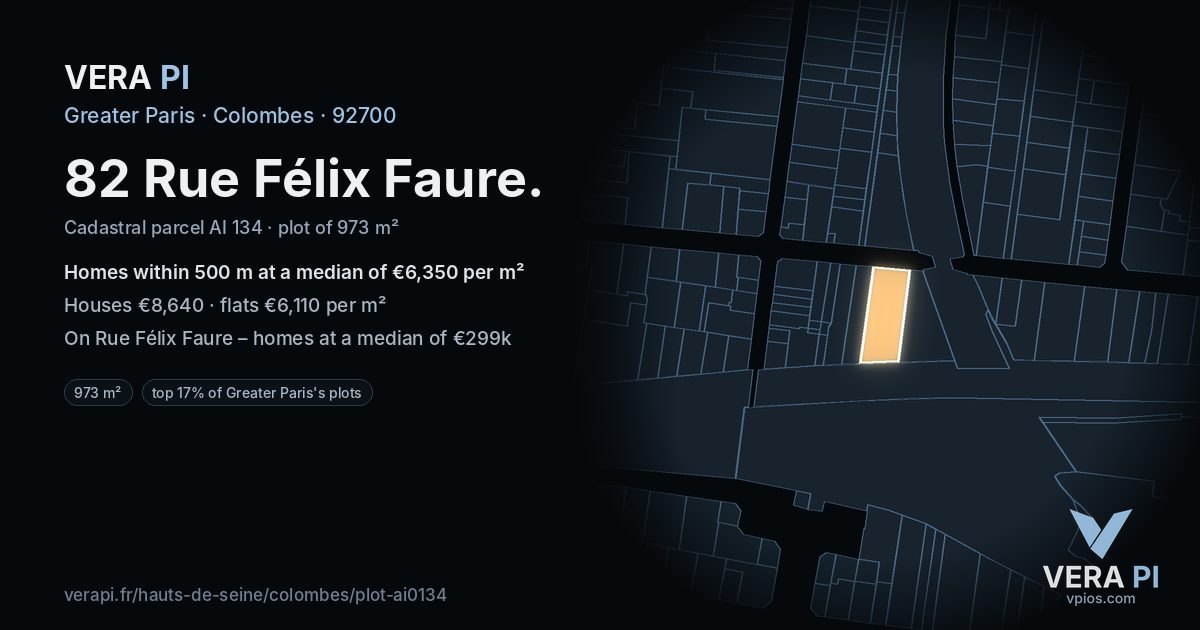 82 Rue Félix Faure, Colombes at night – the plot lit, the parcels around coloured by the prices near them