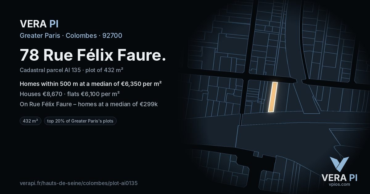 78 Rue Félix Faure, Colombes at night – the plot lit, the parcels around coloured by the prices near them