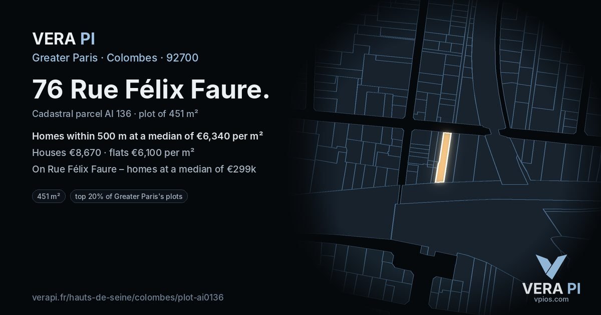 76 Rue Félix Faure, Colombes at night – the plot lit, the parcels around coloured by the prices near them