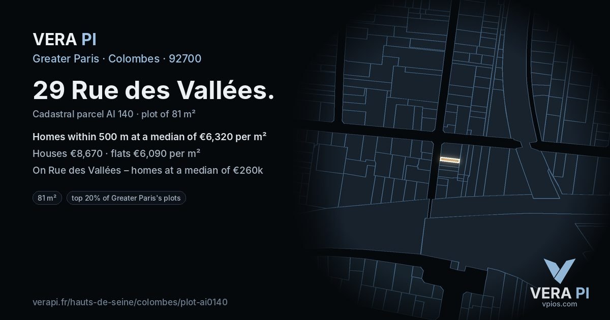 29 Rue des Vallées, Colombes at night – the plot lit, the parcels around coloured by the prices near them