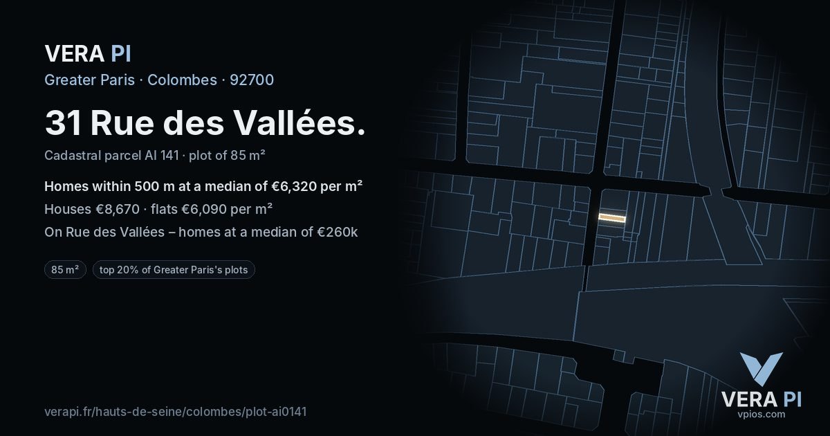31 Rue des Vallées, Colombes at night – the plot lit, the parcels around coloured by the prices near them