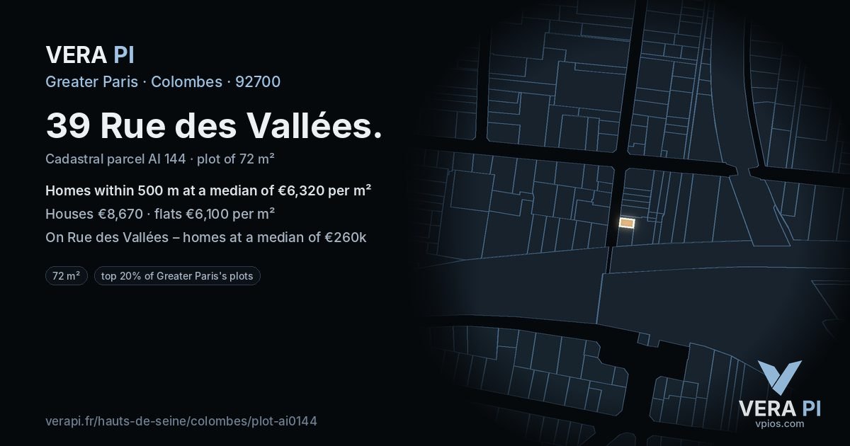 39 Rue des Vallées, Colombes at night – the plot lit, the parcels around coloured by the prices near them