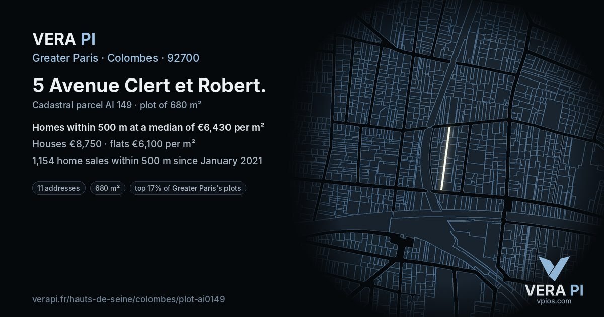 5 Avenue Clert et Robert, Colombes at night – the plot lit, the parcels around coloured by the prices near them