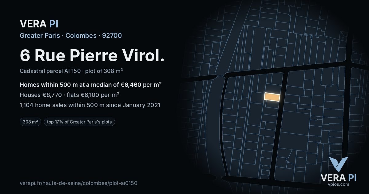 6 Rue Pierre Virol, Colombes at night – the plot lit, the parcels around coloured by the prices near them