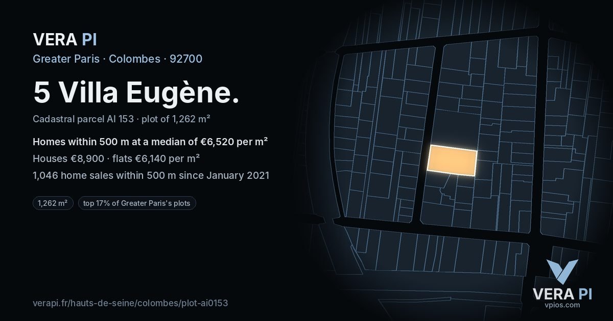 5 Villa Eugène, Colombes at night – the plot lit, the parcels around coloured by the prices near them