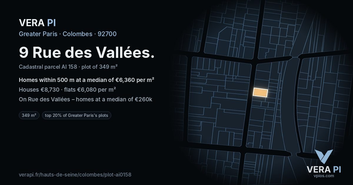 9 Rue des Vallées, Colombes at night – the plot lit, the parcels around coloured by the prices near them