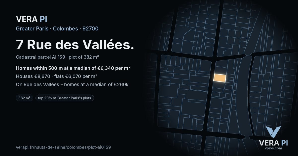 7 Rue des Vallées, Colombes at night – the plot lit, the parcels around coloured by the prices near them