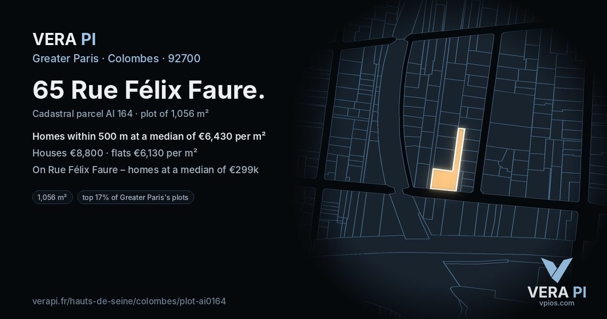 65 Rue Félix Faure, Colombes at night – the plot lit, the parcels around coloured by the prices near them