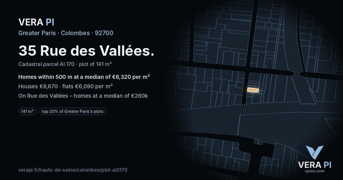 35 Rue des Vallées, Colombes at night – the plot lit, the parcels around coloured by the prices near them