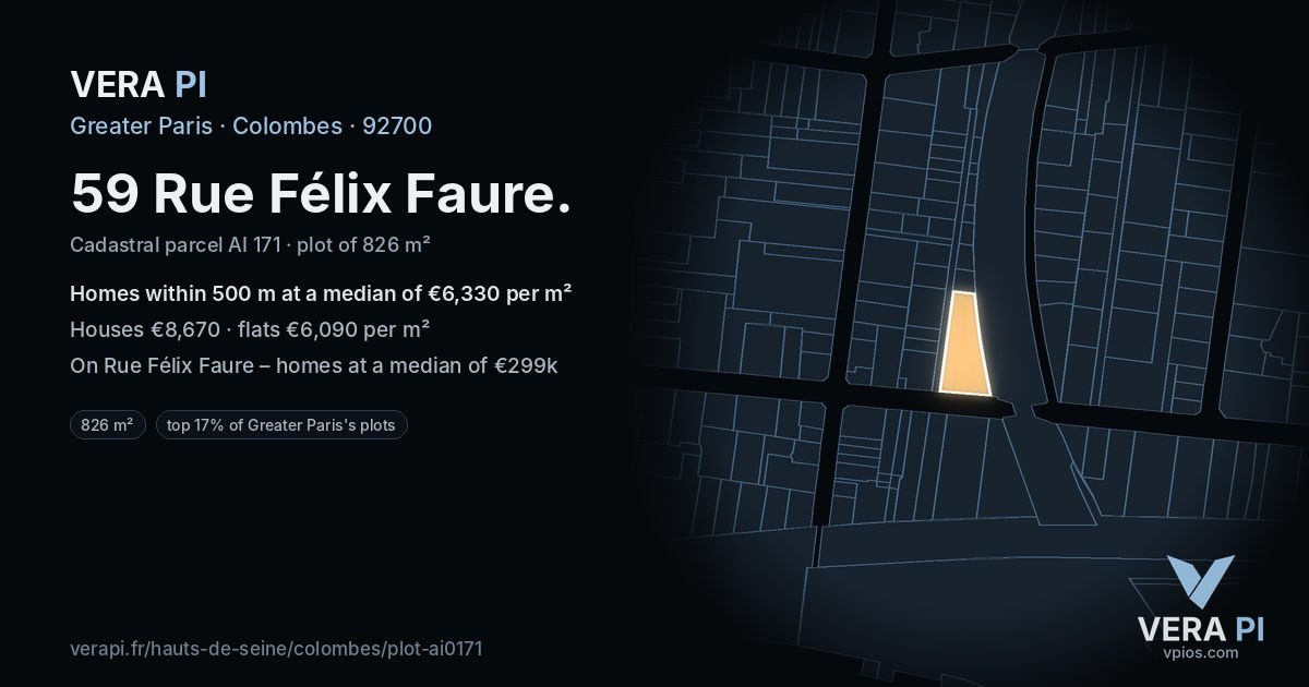 59 Rue Félix Faure, Colombes at night – the plot lit, the parcels around coloured by the prices near them