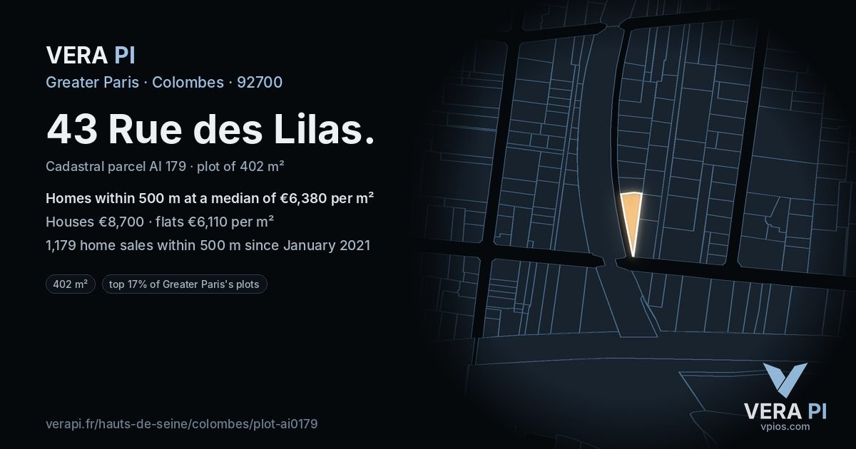 43 Rue des Lilas, Colombes at night – the plot lit, the parcels around coloured by the prices near them