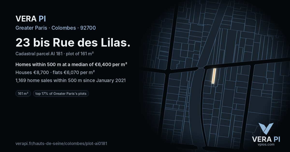 23 bis Rue des Lilas, Colombes at night – the plot lit, the parcels around coloured by the prices near them