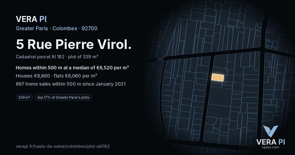 5 Rue Pierre Virol, Colombes at night – the plot lit, the parcels around coloured by the prices near them