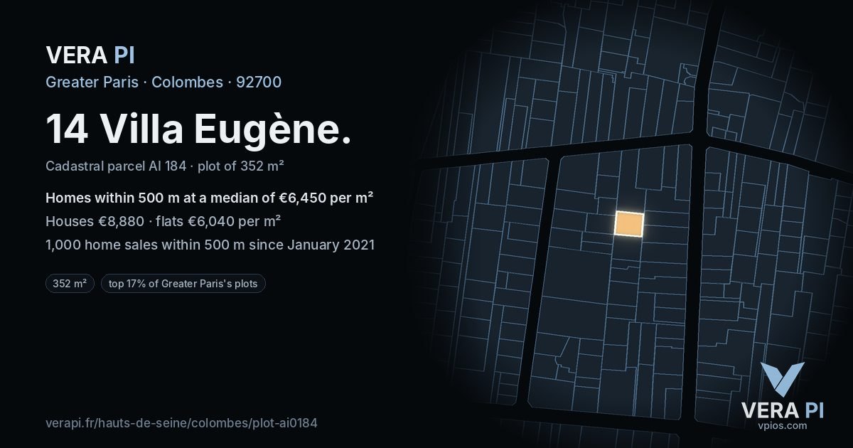 14 Villa Eugène, Colombes at night – the plot lit, the parcels around coloured by the prices near them