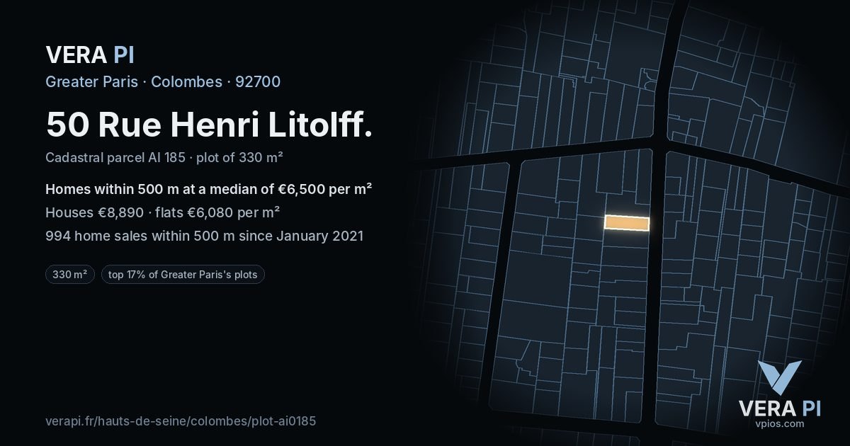 50 Rue Henri Litolff, Colombes at night – the plot lit, the parcels around coloured by the prices near them