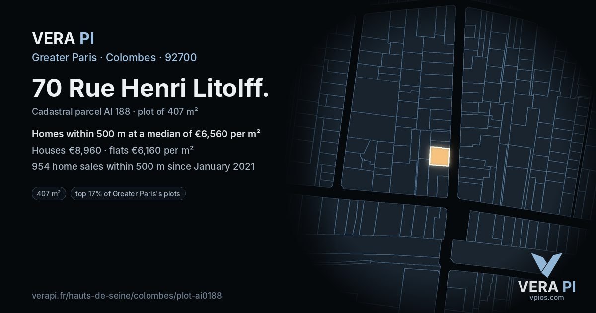 70 Rue Henri Litolff, Colombes at night – the plot lit, the parcels around coloured by the prices near them