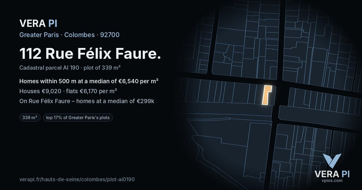 112 Rue Félix Faure, Colombes at night – the plot lit, the parcels around coloured by the prices near them