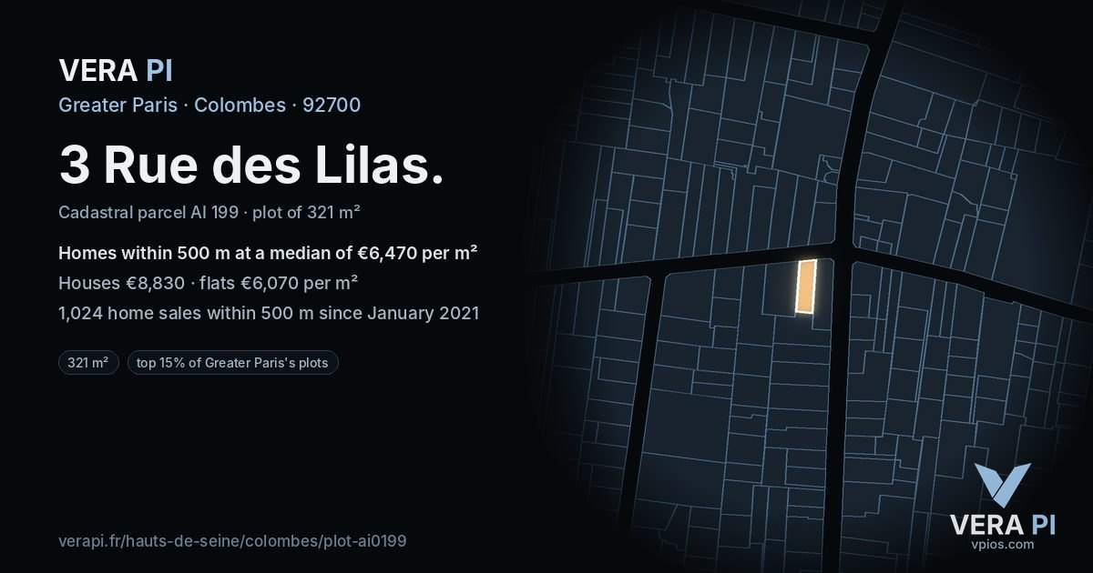 3 Rue des Lilas, Colombes at night – the plot lit, the parcels around coloured by the prices near them