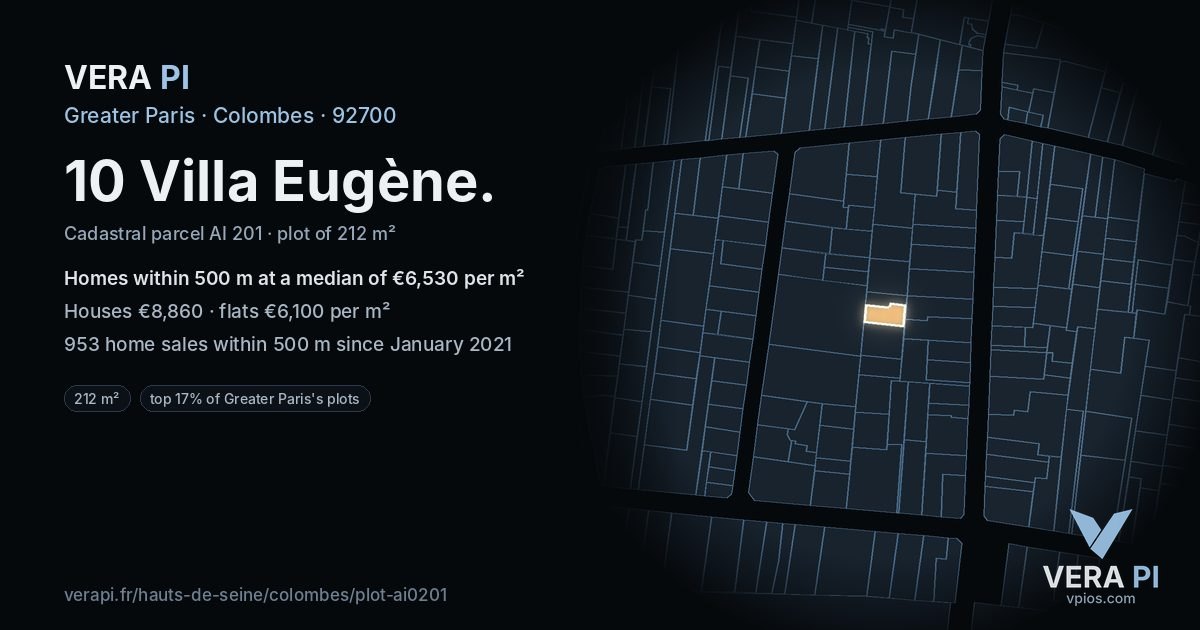 10 Villa Eugène, Colombes at night – the plot lit, the parcels around coloured by the prices near them
